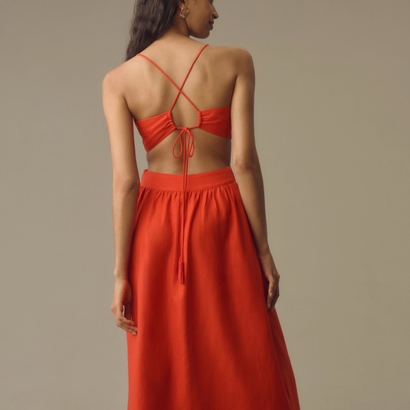 FARM Rio Floral Bodice Linen A-Line Midi Dress - Red M - Picture 2 of 5